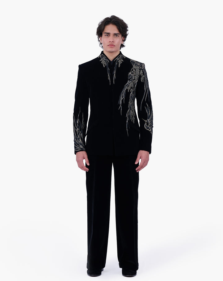 Asymmetrical Avian Velvet Bandhgala