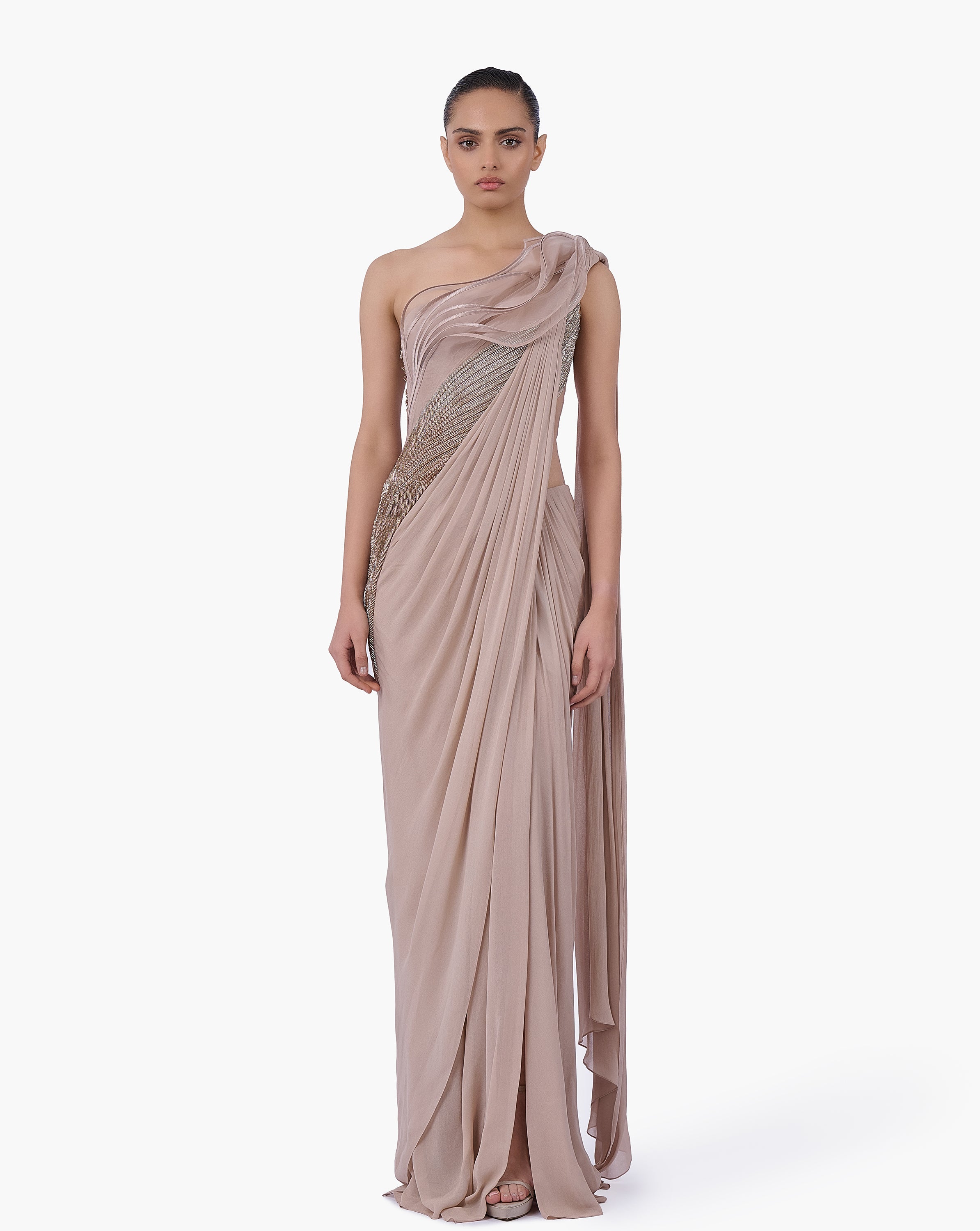 The Champagne Reverie Saree Gown