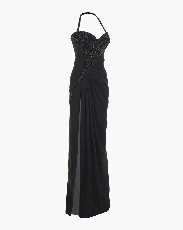 The Athena Black Glass Embroidered Gown