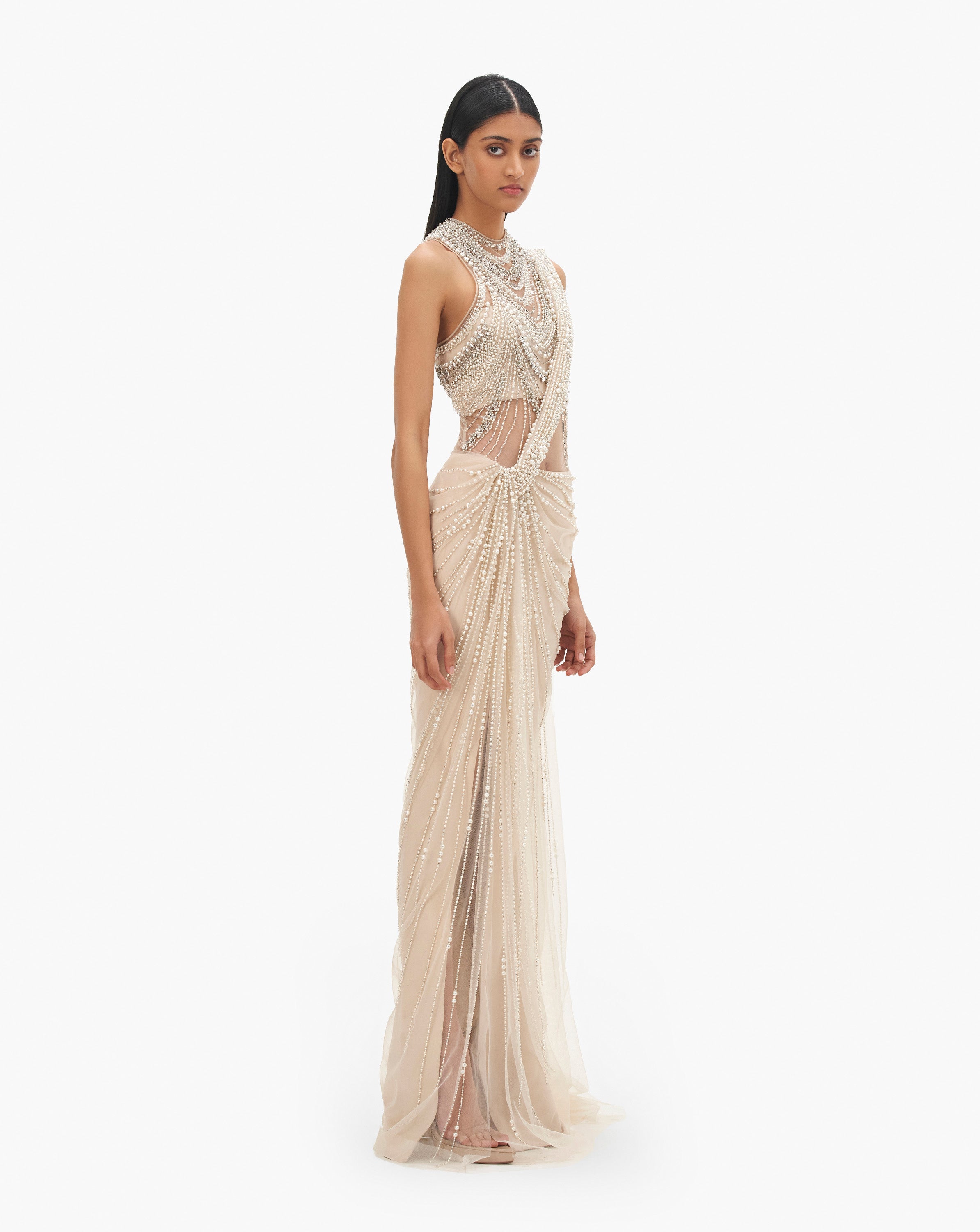 The Roman Pearl Drape Saree Gown