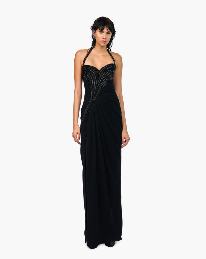 The Athena Black Glass Embroidered Gown