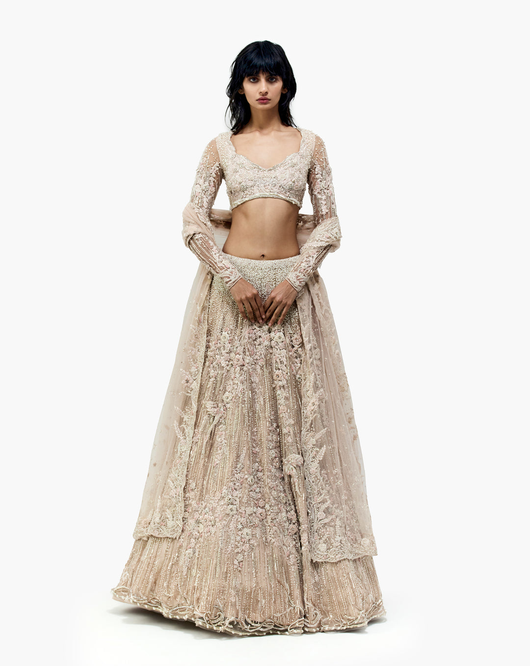 White pearl embroidered lehenga by Gaurav Gupta