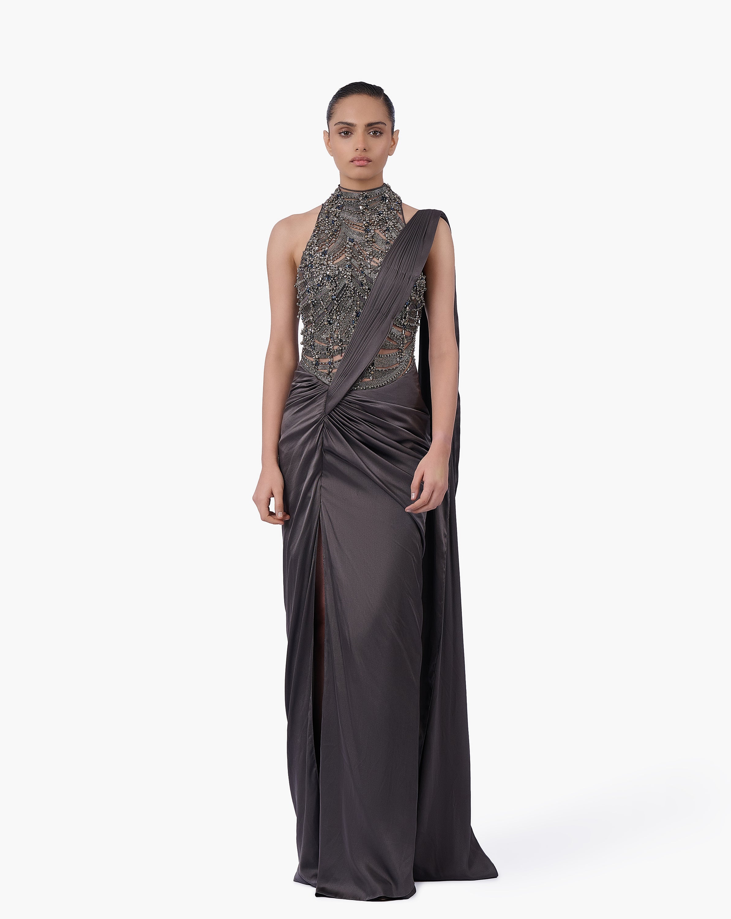 The High-Neck Embellished Saree Gown