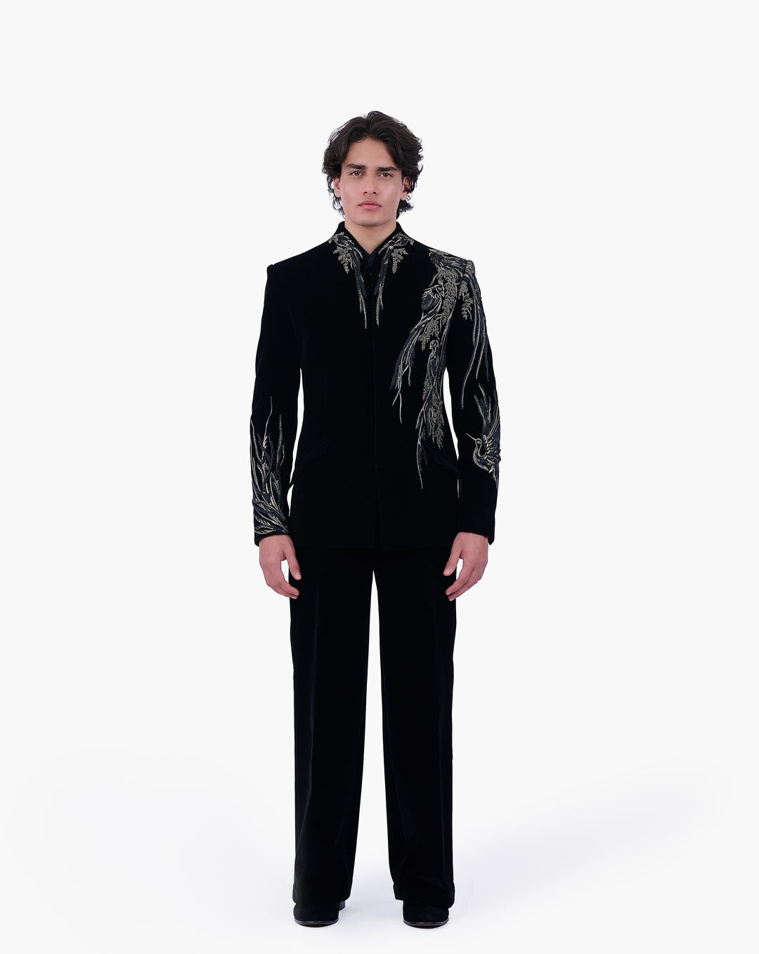 Asymmetrical Avian Velvet Bandhgala