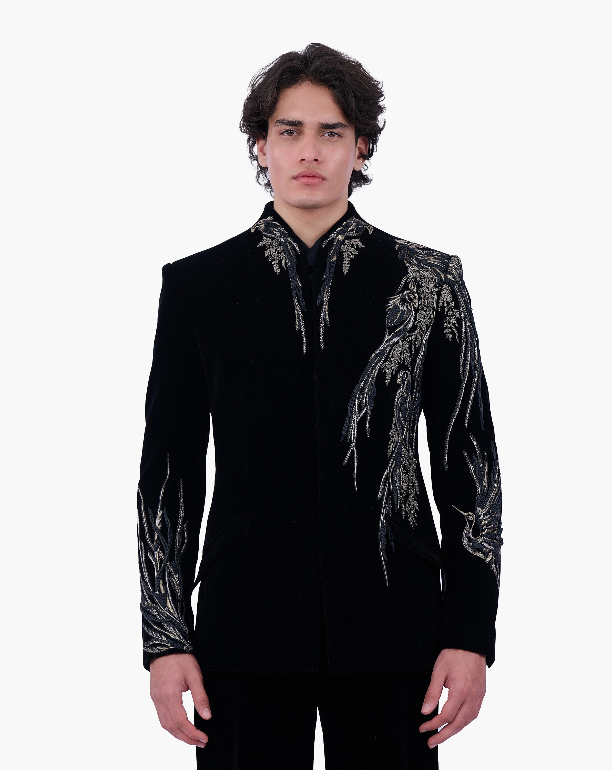 Asymmetrical Avian Velvet Bandhgala