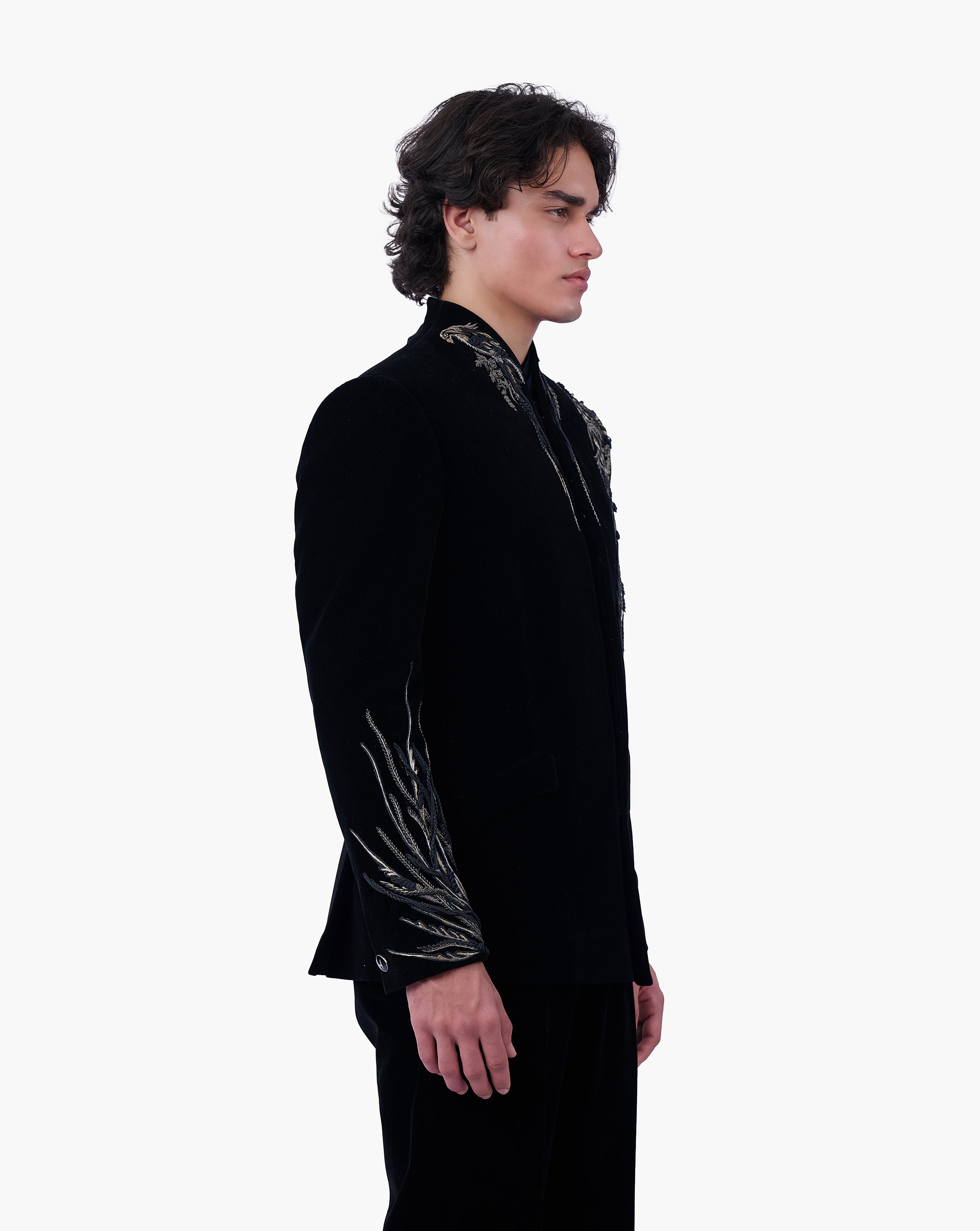 Asymmetrical Avian Velvet Bandhgala