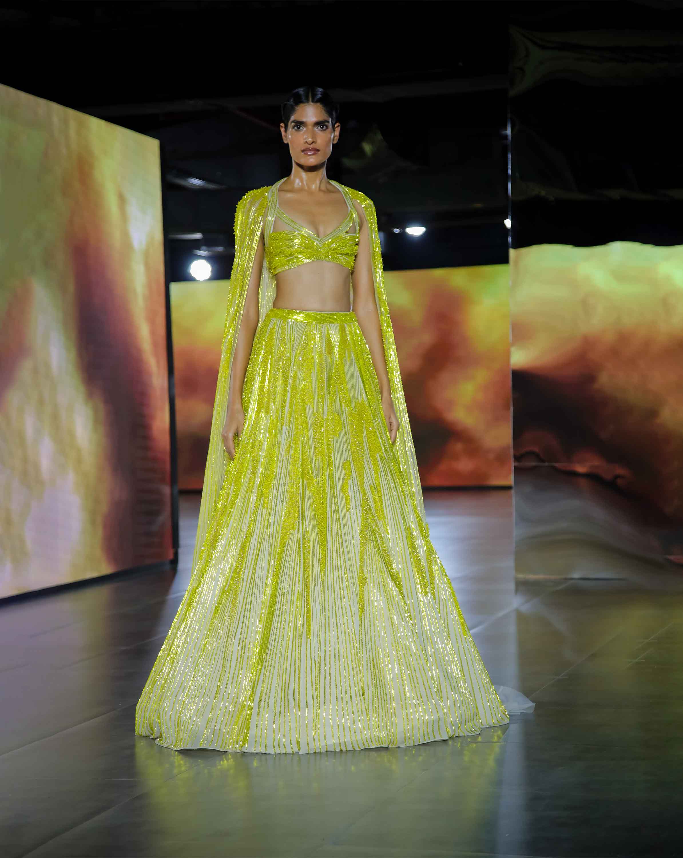 Sage Gold Crepe Glass Bugle Bead Embellished Sculpted Gown Design by Gaurav  Gupta at Pernia's Pop Up Shop 2024