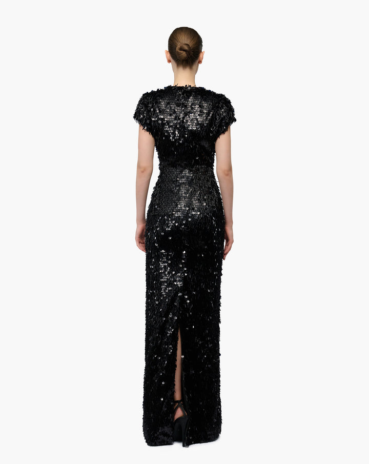 Black Fringed Sequin Gown