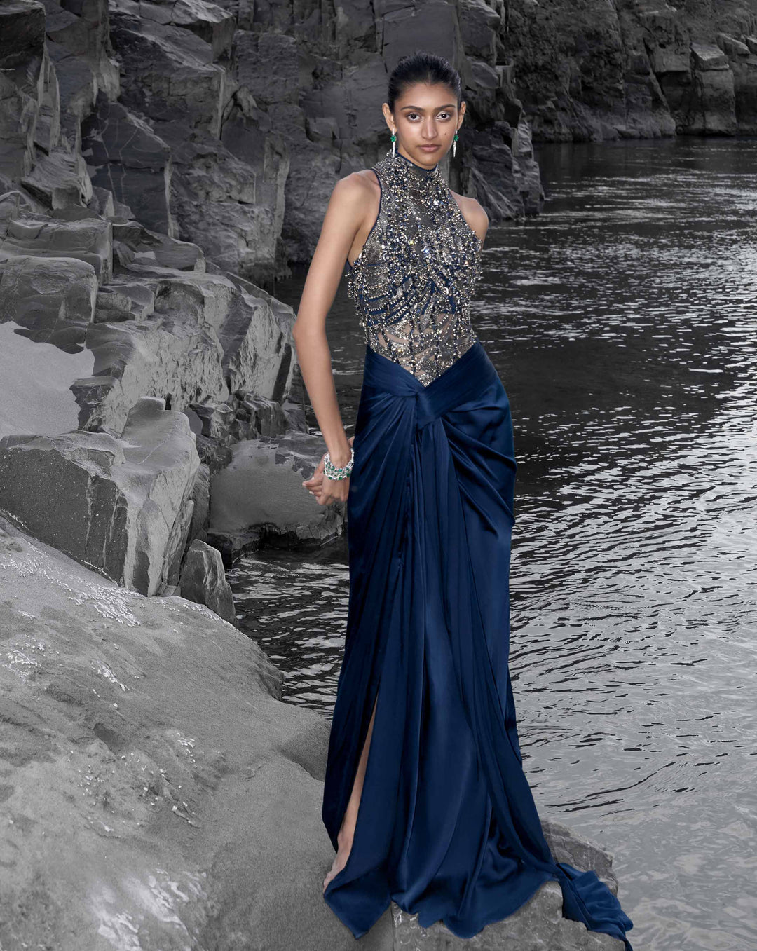 The High-Neck Embellished Saree Gown
