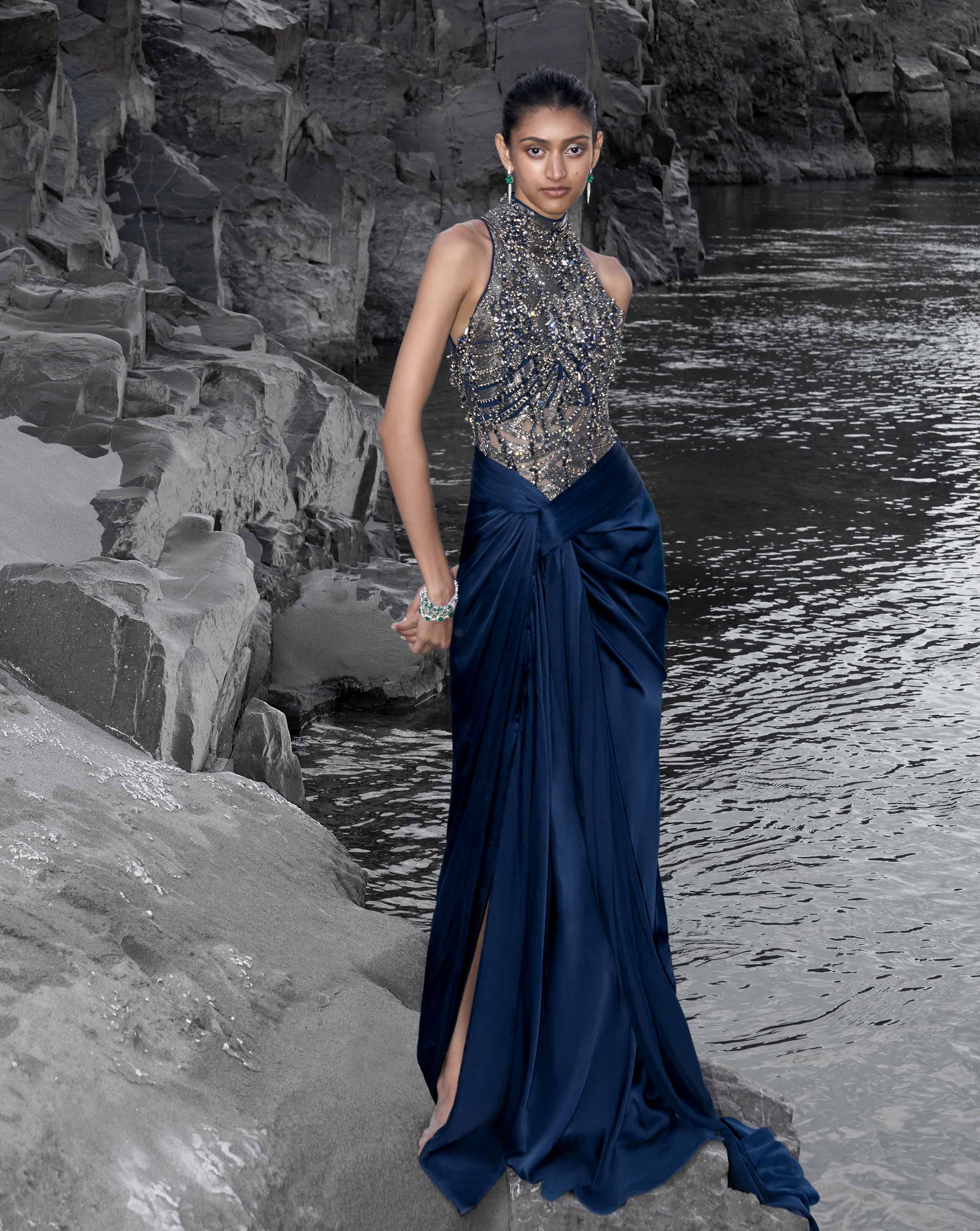 The High-Neck Embellished Saree Gown
