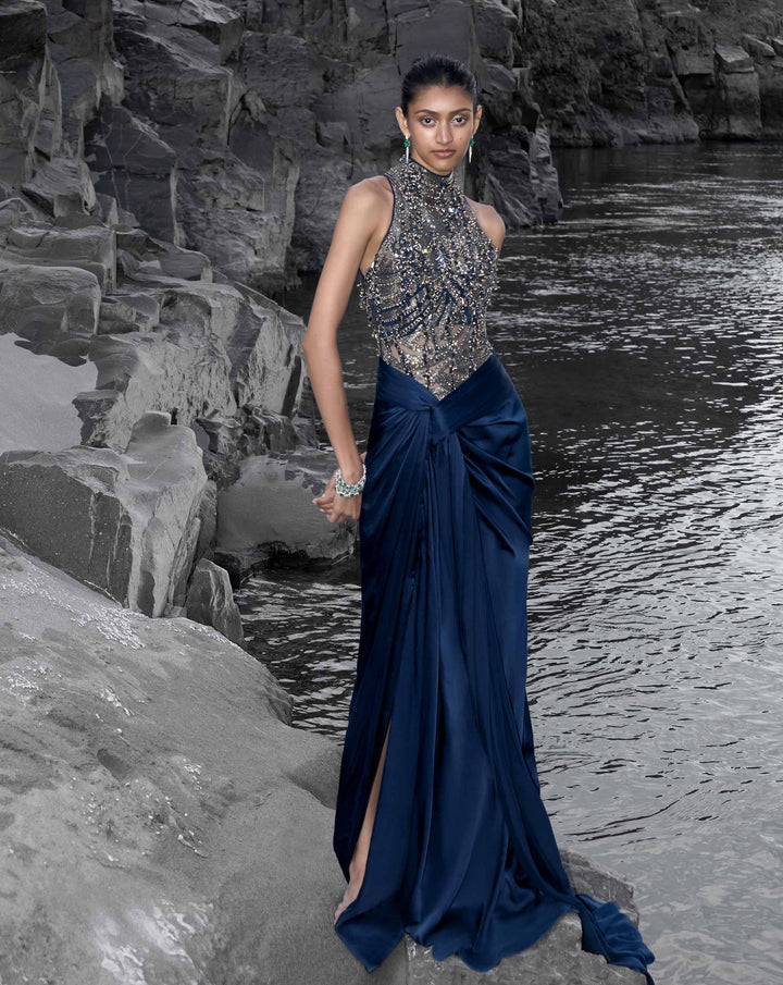 The High-Neck Embellished Saree Gown
