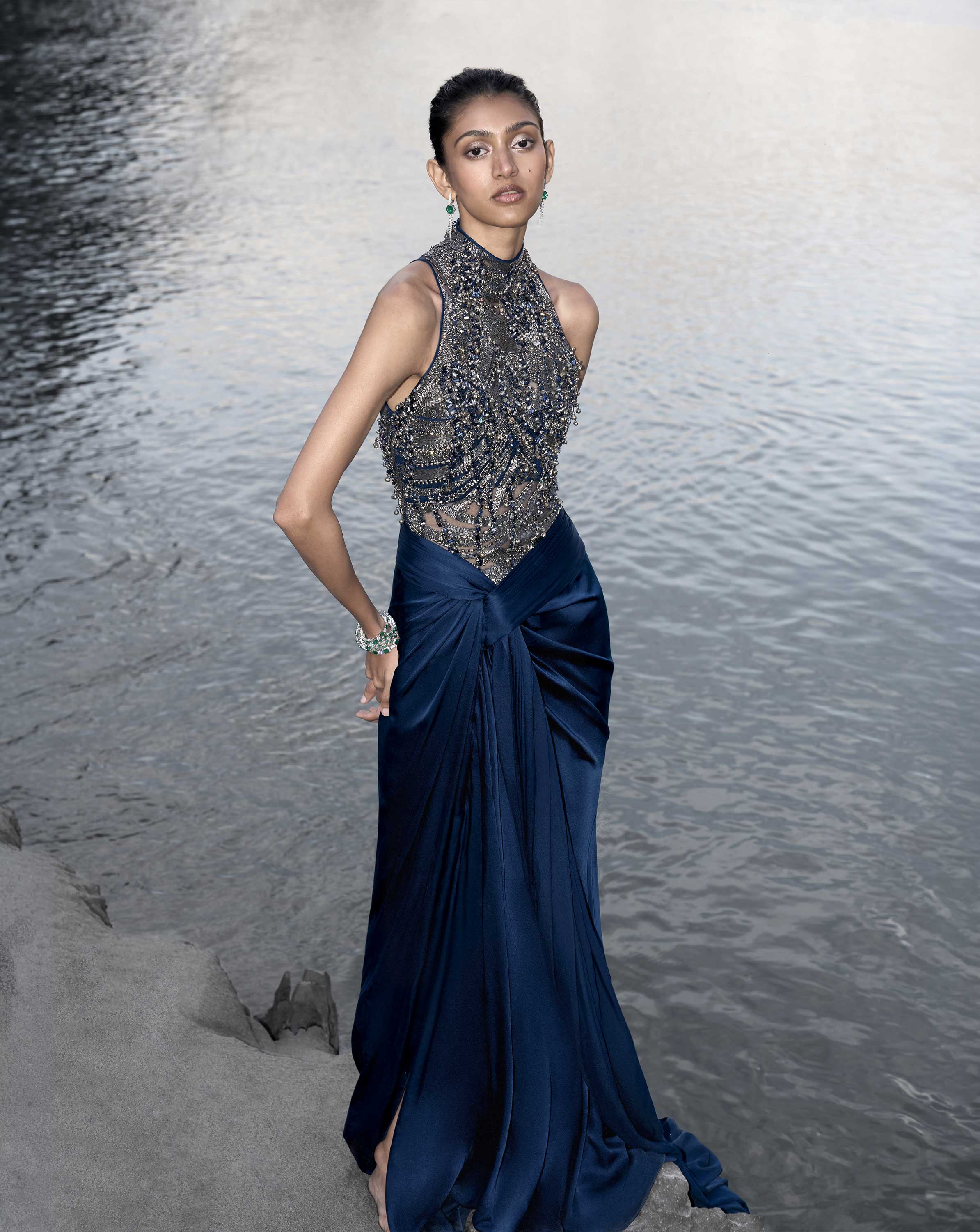 The High-Neck Embellished Saree Gown