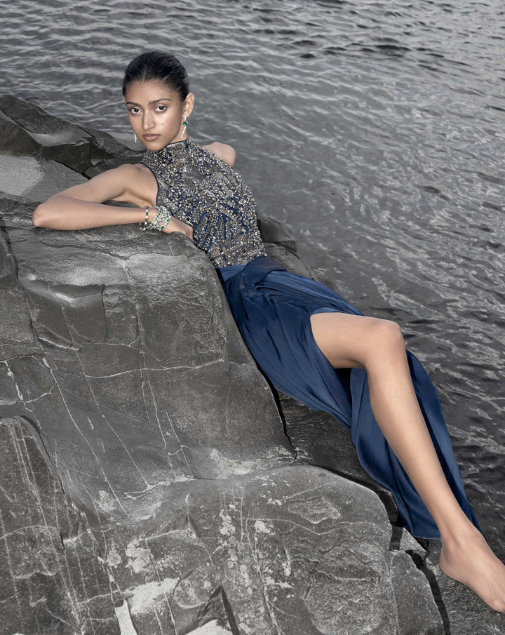 The High-Neck Embellished Saree Gown