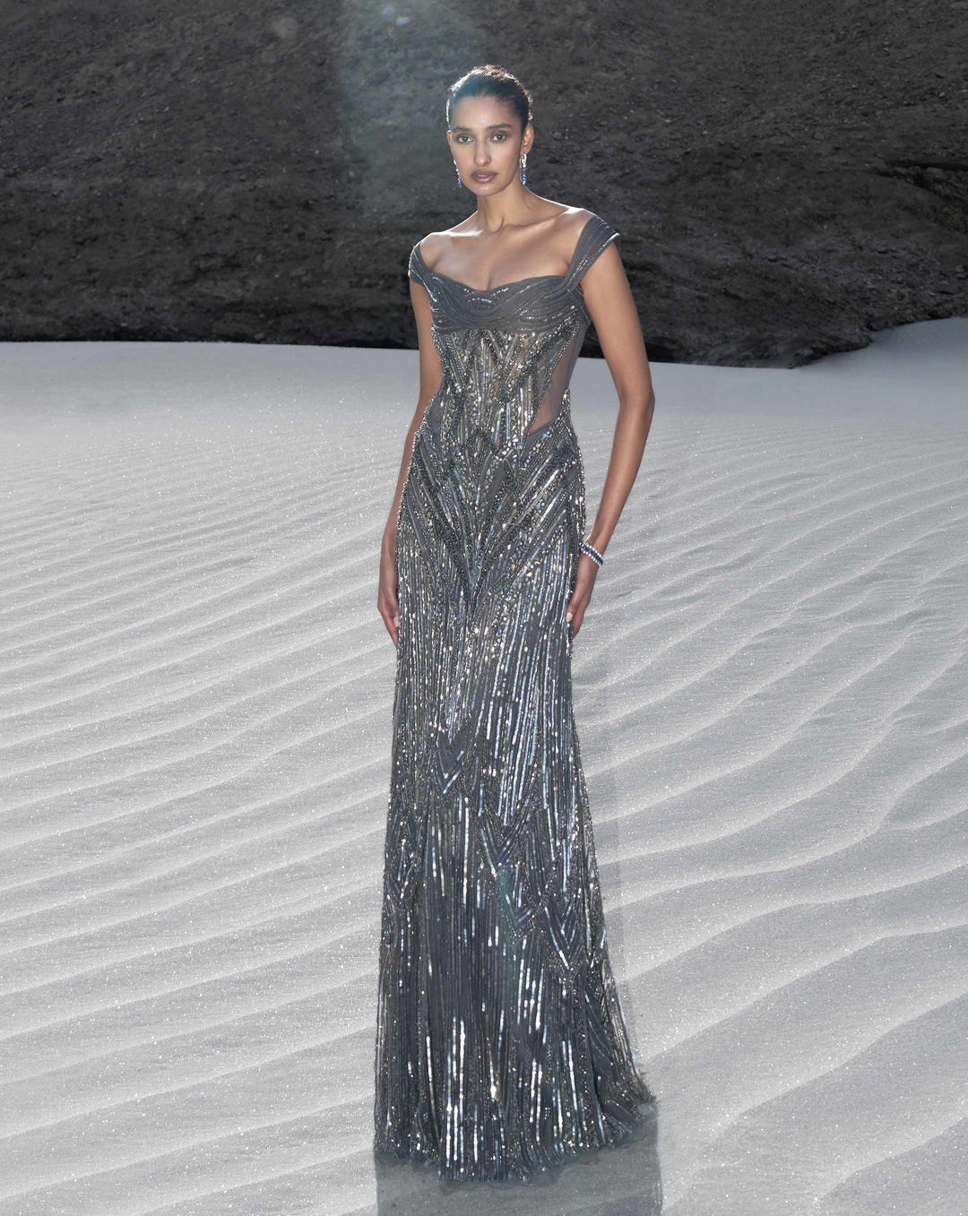 The Sculpted Off Shoulder Net Gown