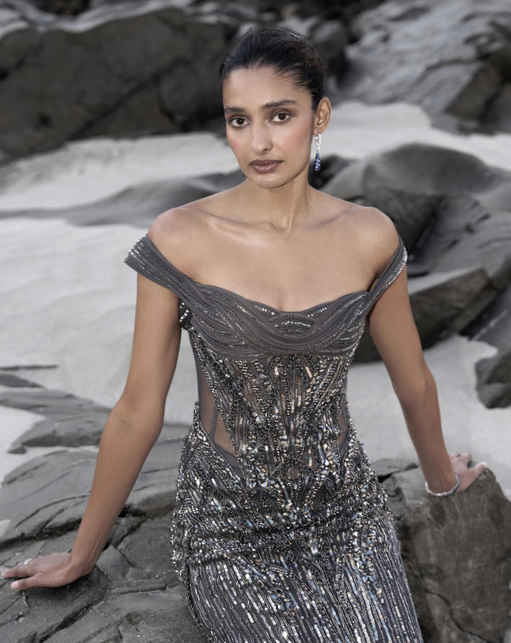 The Sculpted Off Shoulder Net Gown