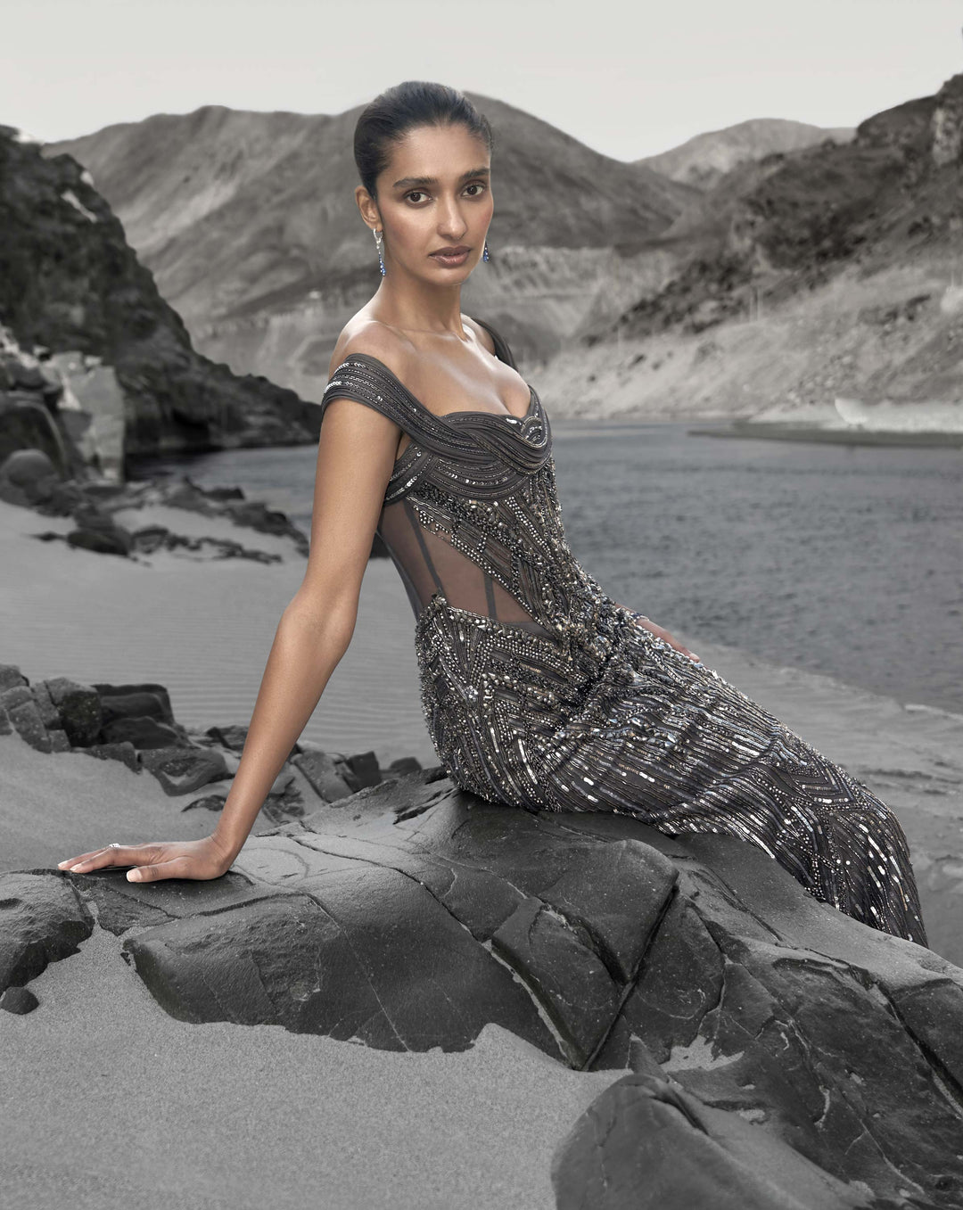 The Sculpted Off Shoulder Net Gown