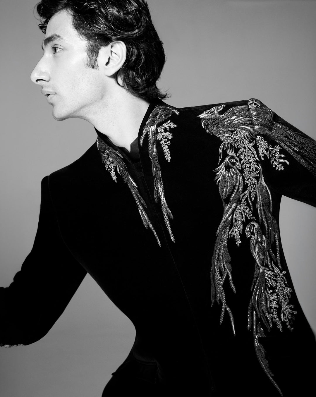 Asymmetrical Avian Velvet Bandhgala