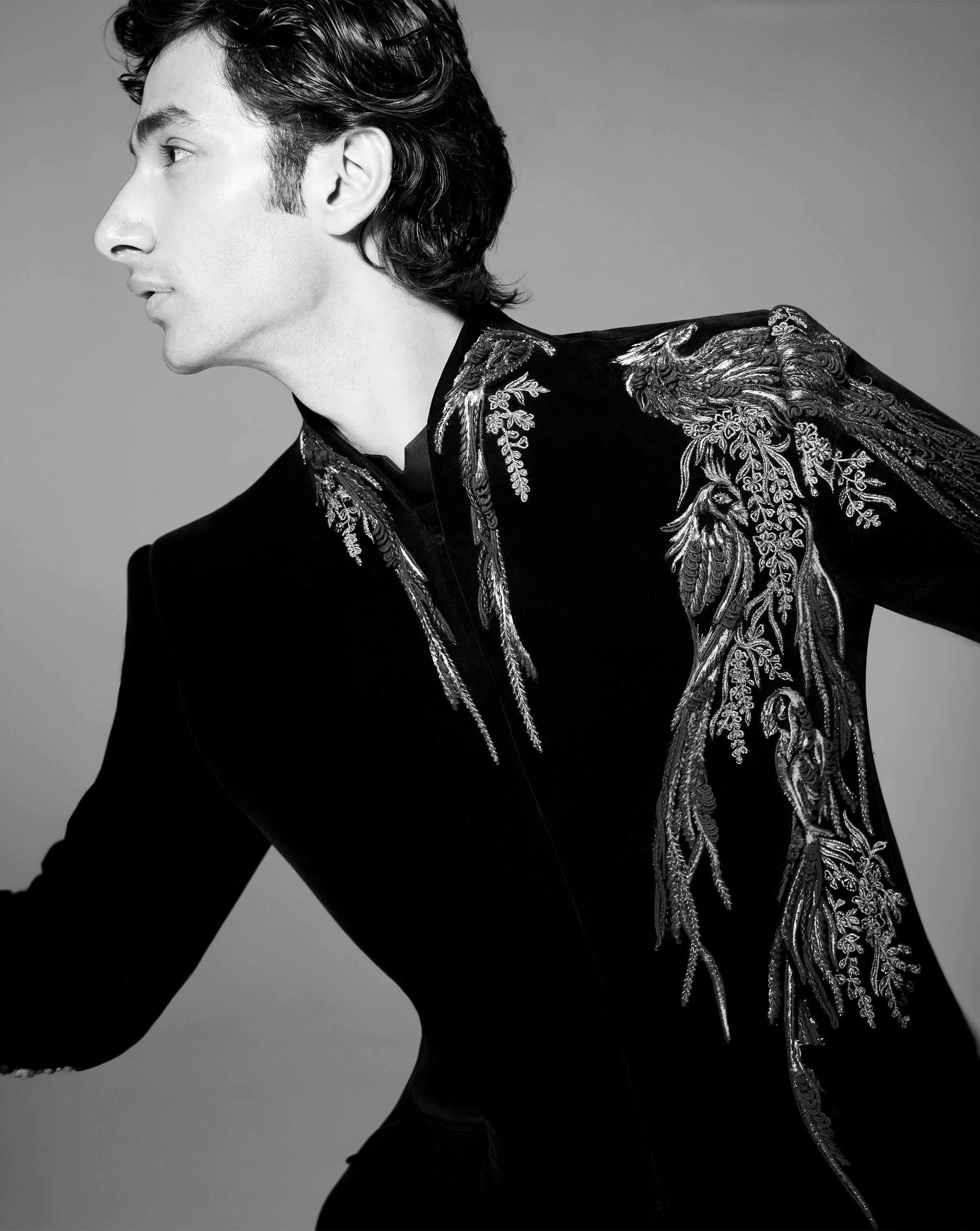 Asymmetrical Avian Velvet Bandhgala