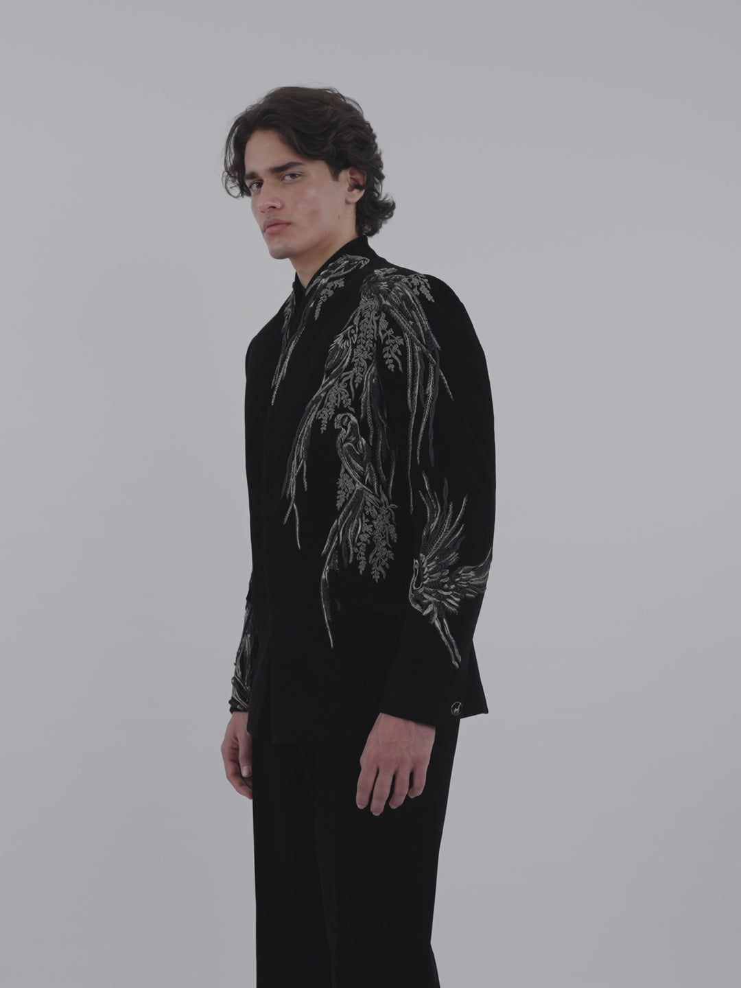 Asymmetrical Avian Velvet Bandhgala