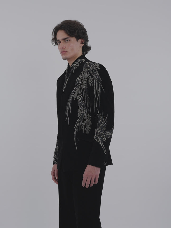 Asymmetrical Avian Velvet Bandhgala