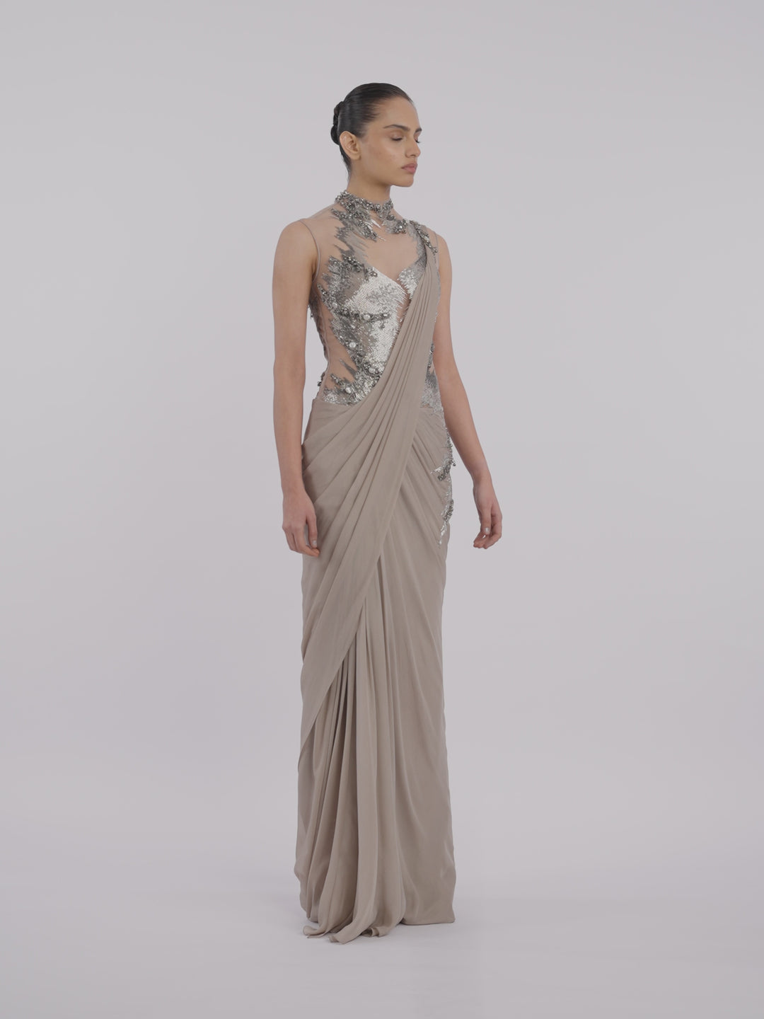 The Embellished Metallic Saree Gown