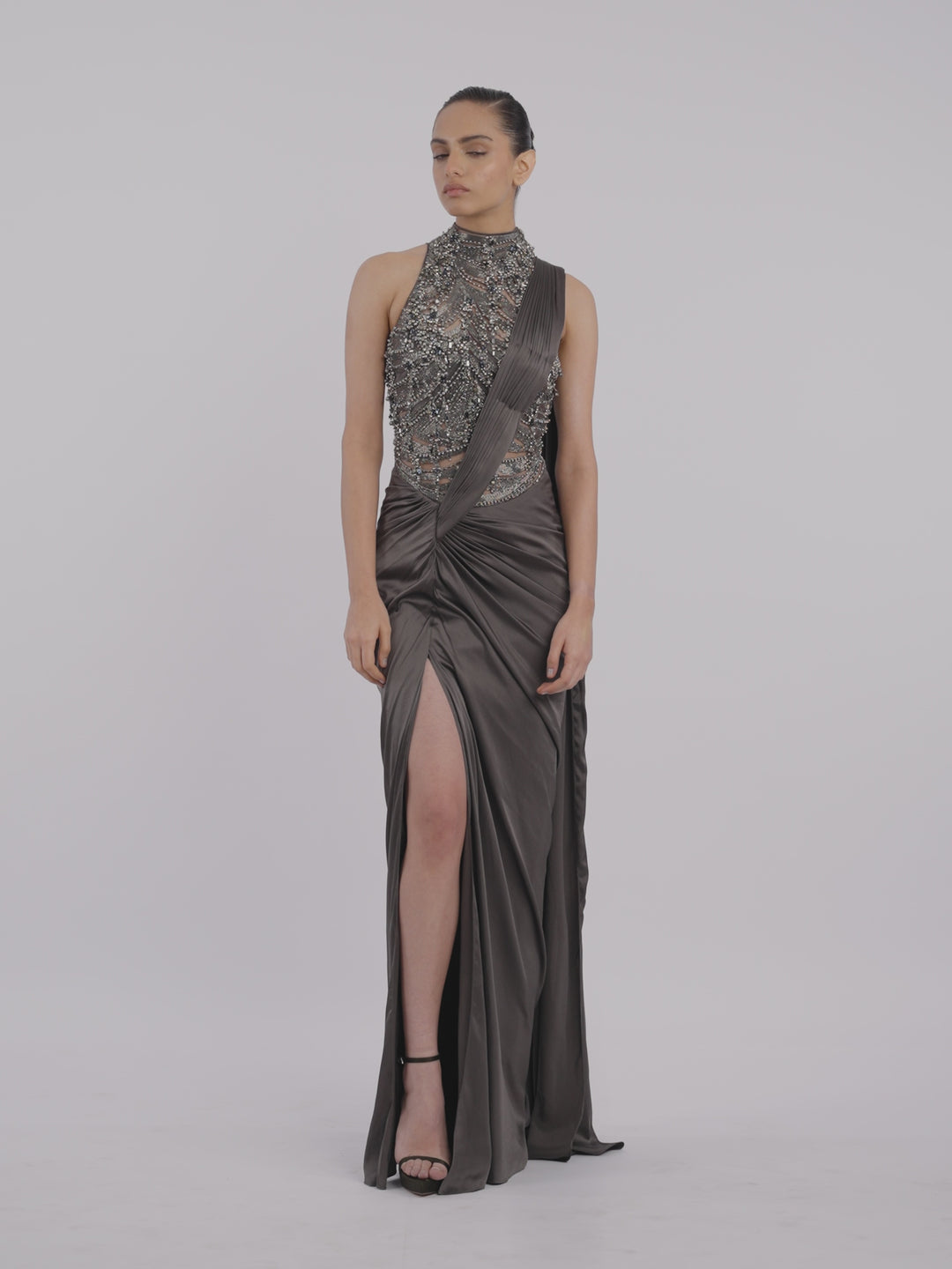 The High-Neck Embellished Saree Gown